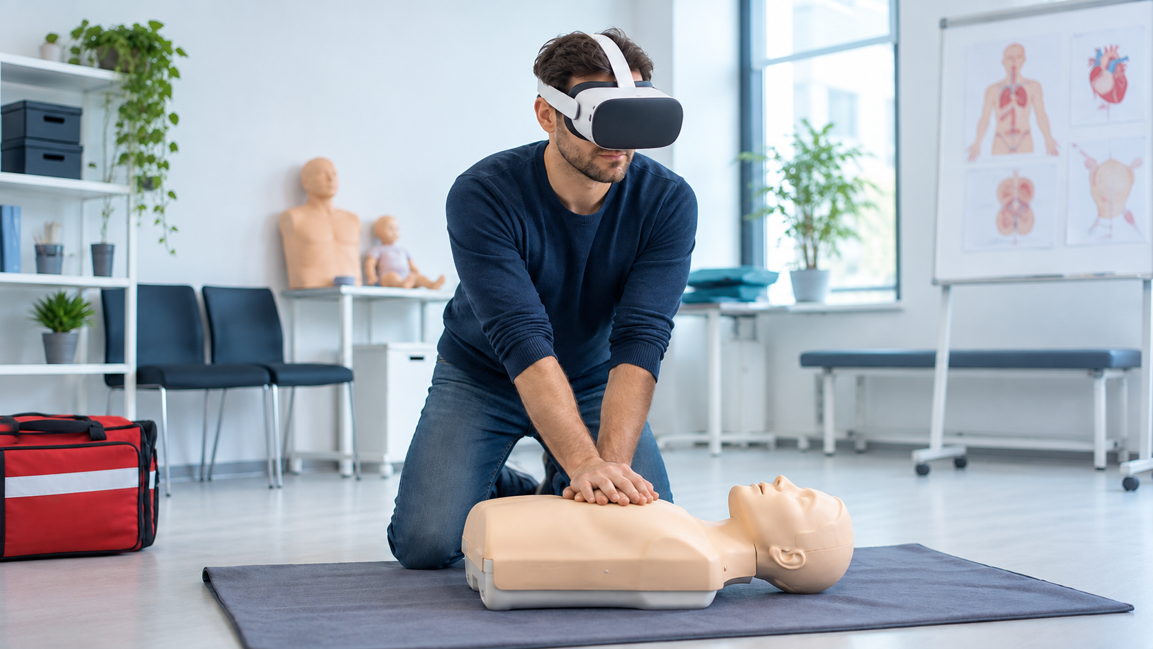 Účastník kurzu prvej pomoci nacvičuje resuscitáciu s využitím VR headsetu